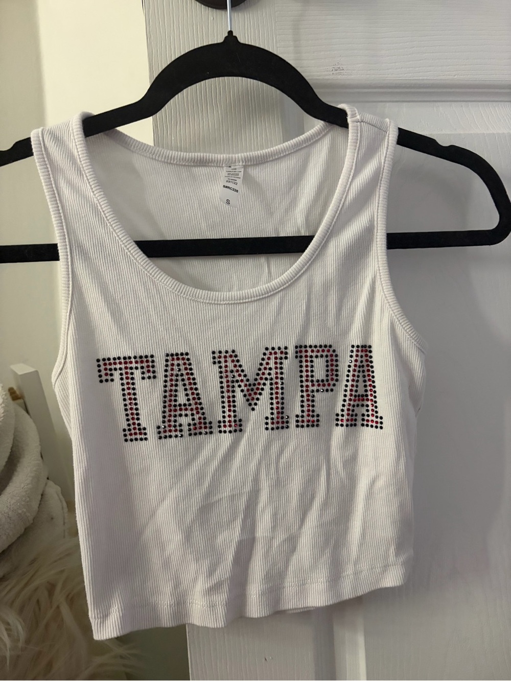 White Ribbed Crop Tank with Tampa Rhinestone Logo